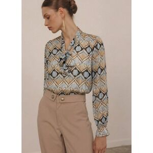 NWT Haver & Blair London Mid‑Century Geometric Ruffle Neck Tassel Blouse XS